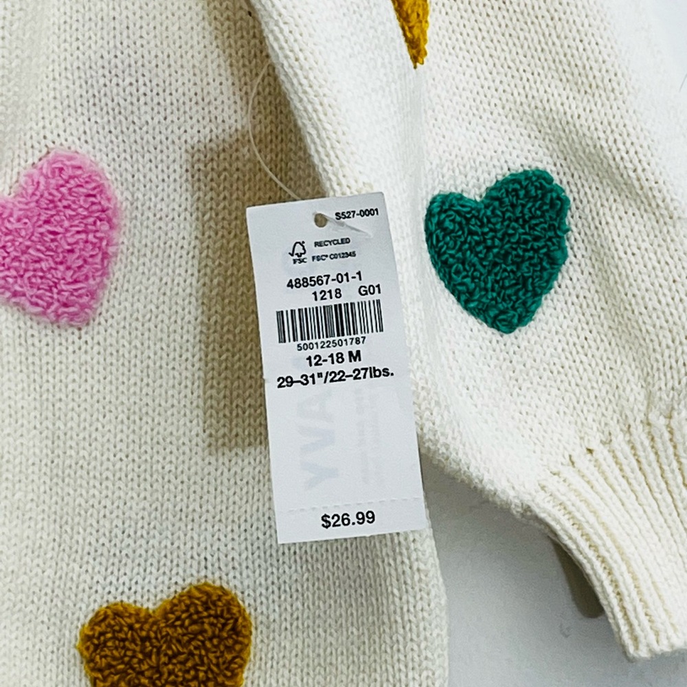 NWT Old Navy Baby Cardigan Cream Heart Knit Sweater Girls Chunky Open Front - Picture 3 of 8